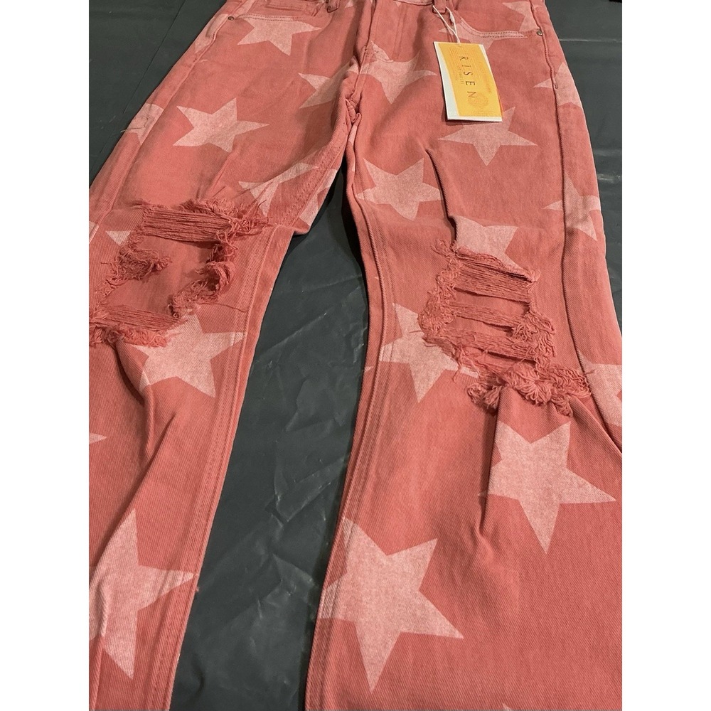 RISEN Jeans 5/27 Peach Blossom Star Print Distressed Raw Hem NWT RDP5609 - Picture 11 of 14
